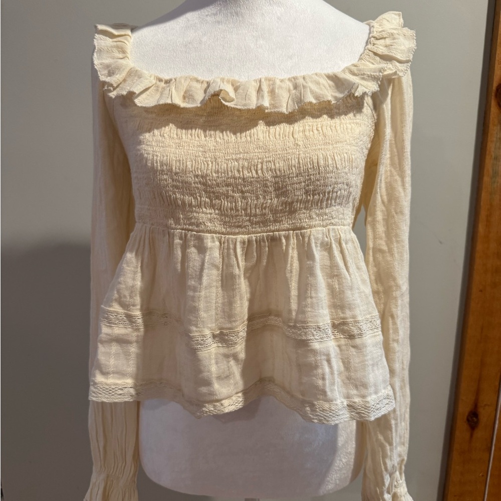 American Eagle Long-Sleeved Smocked Eyelet Shirt, Size M